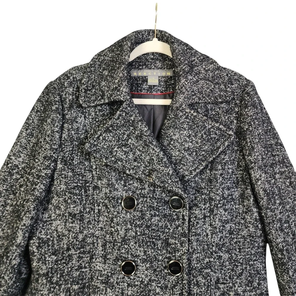 Kenneth Cole Reaction Womens Tweed Wool Blend Pea Coat Jacket Large‎ Black White